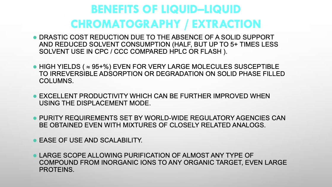 BENEFITS OF LIQUID–LIQUID CHROMATOGRAPHY / EXTRACTION